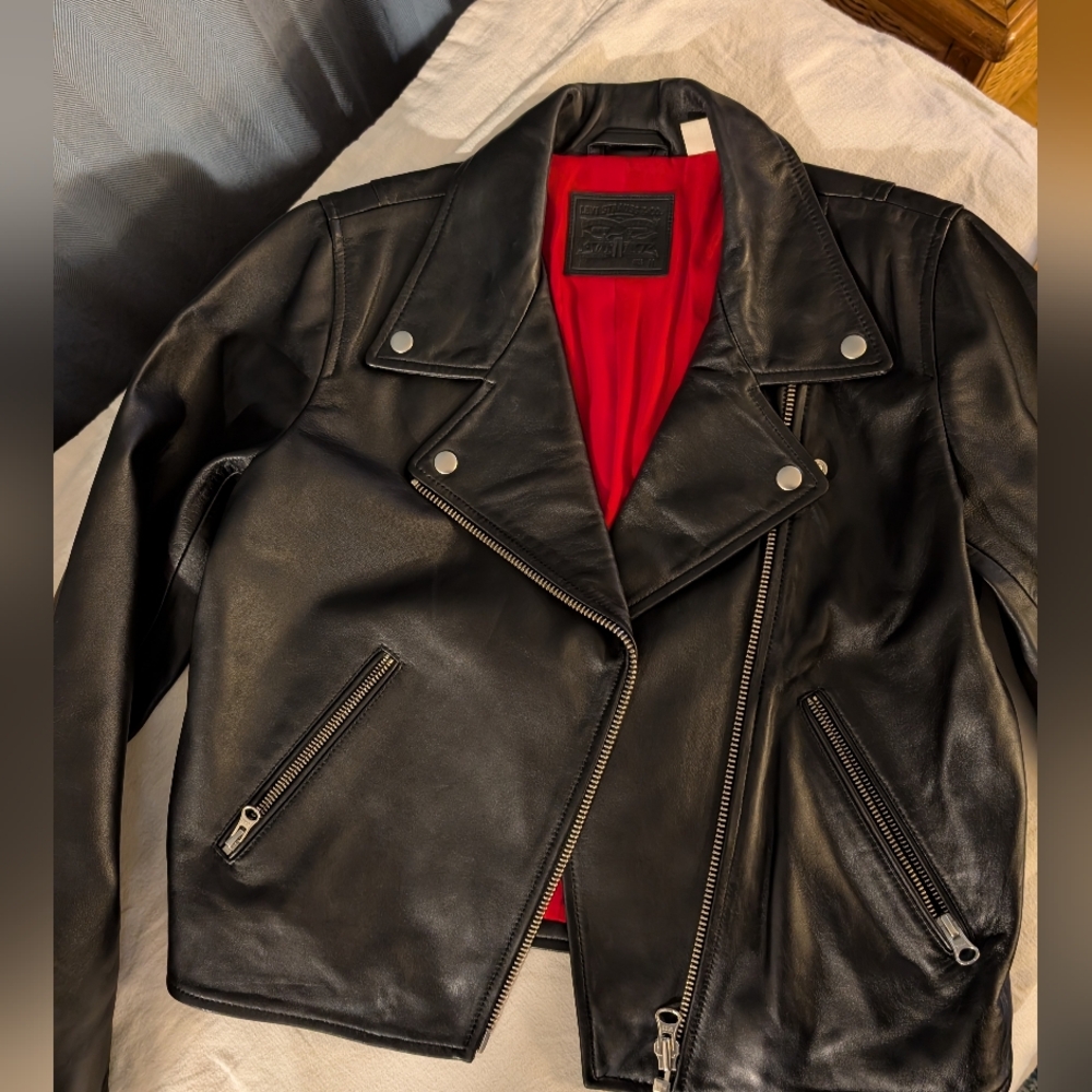 Levi's Black Sheep Skin Leather Moto Jacket with Red Lining